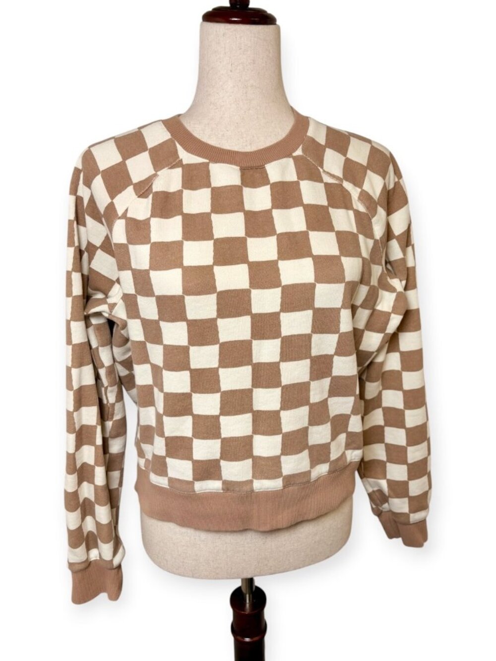 Marine Layer Tan White Anytime Checkered Crewneck Sweatshirt Size Small